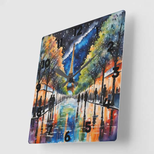 Parijs 's nachts reflecteert regenwater vierkante klok (Hoek)