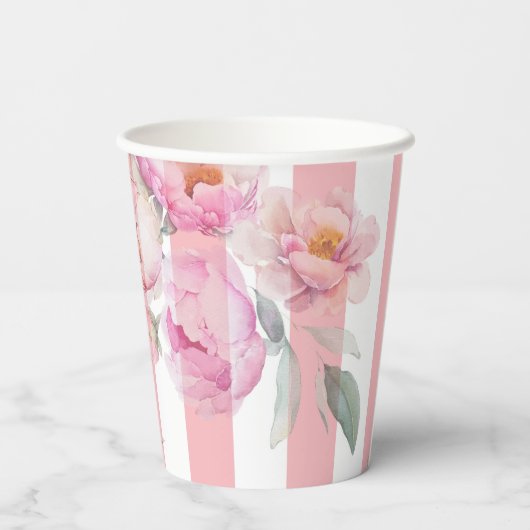 Parijs thema roze strepen bloemenpioen bruids papieren bekers (Achterkant)