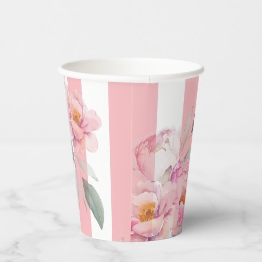 Parijs thema roze strepen bloemenpioen bruids papieren bekers (Rechts)