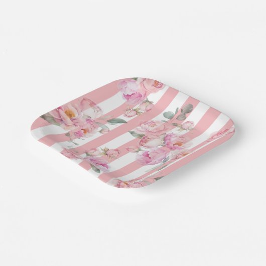 Parijs thema roze strepen bloemenpioen bruids papieren bordje (Gebogen)