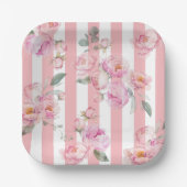 Parijs thema roze strepen bloemenpioen bruids papieren bordje (Voorkant)