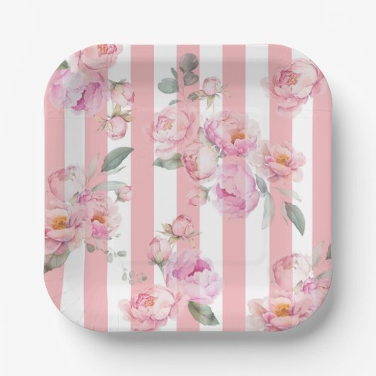 Parijs thema roze strepen bloemenpioen bruids papieren bordje (Voorkant)