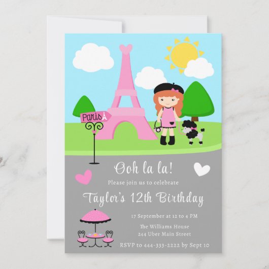 Parijs Verjaardag Rood Haar Meisje en Poedel Kaart (Voorkant)