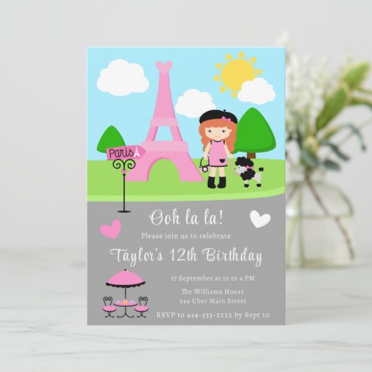 Parijs Verjaardag Rood Haar Meisje en Poedel Kaart (Staand voorkant)