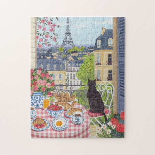 Parijse Balkon Kat Ontbijt Eiffeltoren Legpuzzel (Verticaal)
