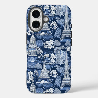 Parijse Blauwe Toile patterned stof iPhone 16 Hoesje