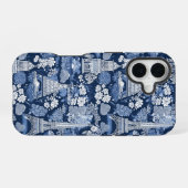 Parijse Blauwe Toile patterned stof iPhone 16 Hoesje (Achterkant horizontaal)