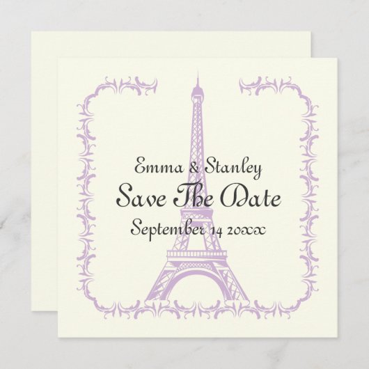 Parijse bruiloft paarse Eiffeltoren Bewaar de datu Save The Date (Voorkant / Achterkant)