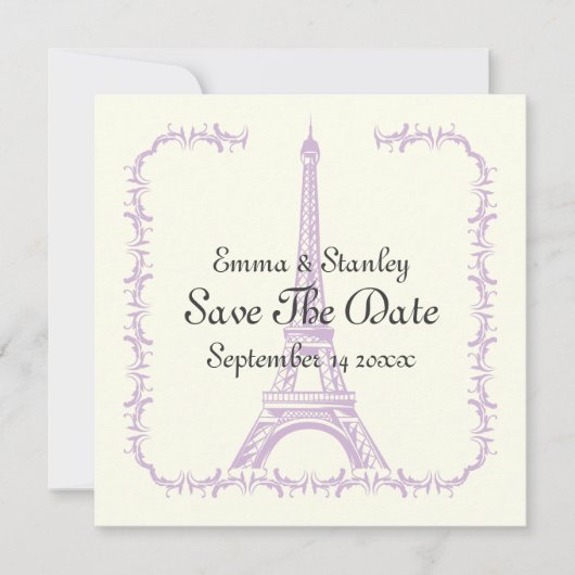 Parijse bruiloft paarse Eiffeltoren Bewaar de datu Save The Date (Voorkant)