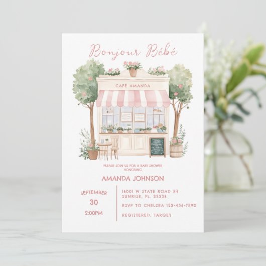Parijse Cafe Afternoon Baby shower Kaart (Staand voorkant)