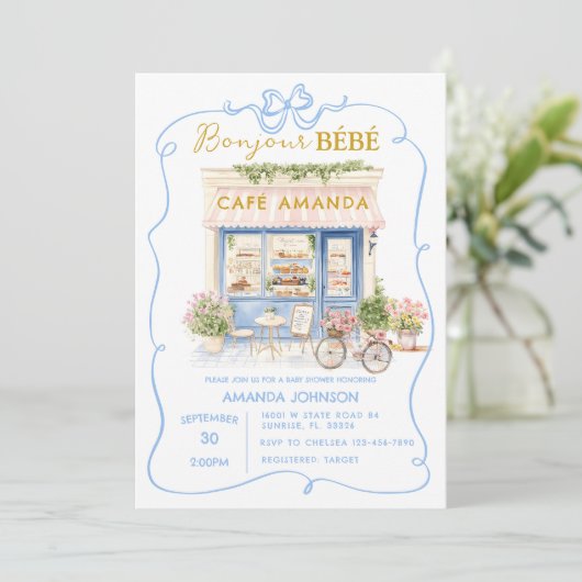 Parijse Cafe Blue Coquette Baby shower Kaart (Staand voorkant)