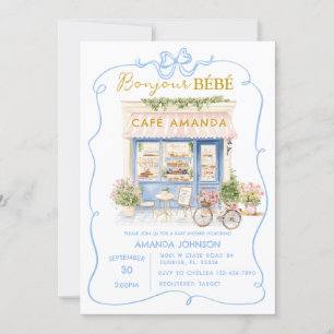Parijse Cafe Blue Coquette Baby shower Kaart