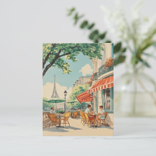 Parijse Café met Eiffel Uitzicht Feestdagenkaart (Staand voorkant)