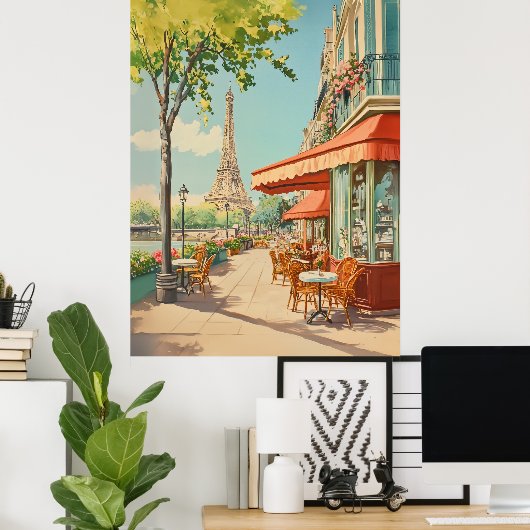 Parijse Café met Eiffel Uitzicht Poster (Thuiskantoor)