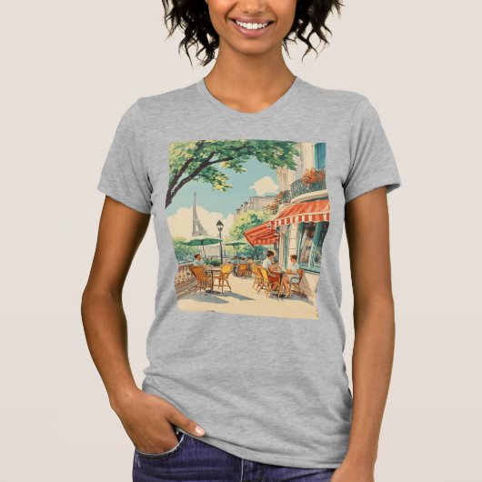 Parijse Café met Eiffel Uitzicht T-shirt (Voorkant)