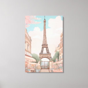 Parijse café met kunst van de Eiffeltoren Canvas Afdruk