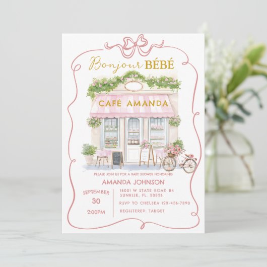 Parijse Cafe Roze Coquette Baby shower Kaart (Staand voorkant)