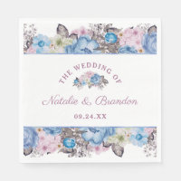 Parijse Charm Blauw & Roze Bloemen Bruiloft Monogr