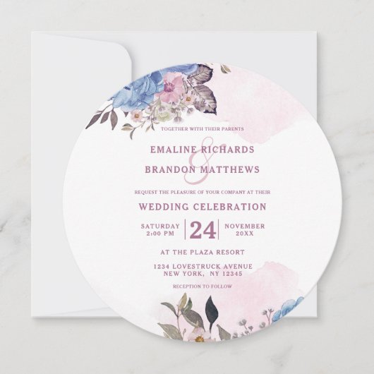 Parijse Charm Blauw & Roze Bloemen Bruiloft Ronde Kaart (Voorkant)
