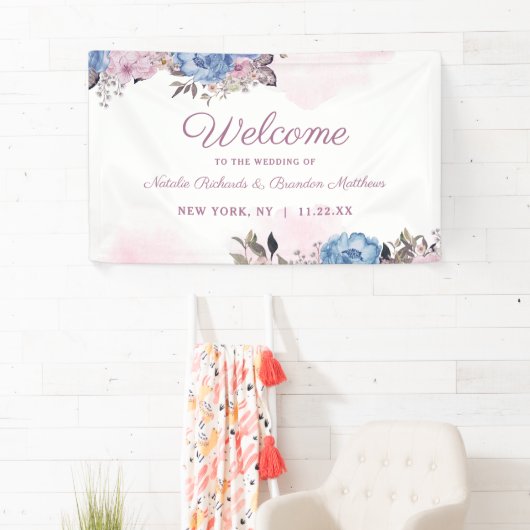 Parijse Charm Blauw & Roze Bloemen Bruiloft Welkom Spandoek (Insitu)