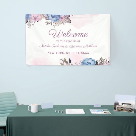 Parijse Charm Blauw & Roze Bloemen Bruiloft Welkom Spandoek (Beurs)