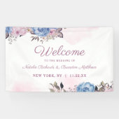 Parijse Charm Blauw & Roze Bloemen Bruiloft Welkom Spandoek (Horizontaal)