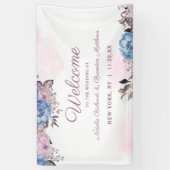 Parijse Charm Blauw & Roze Bloemen Bruiloft Welkom Spandoek (Verticaal)