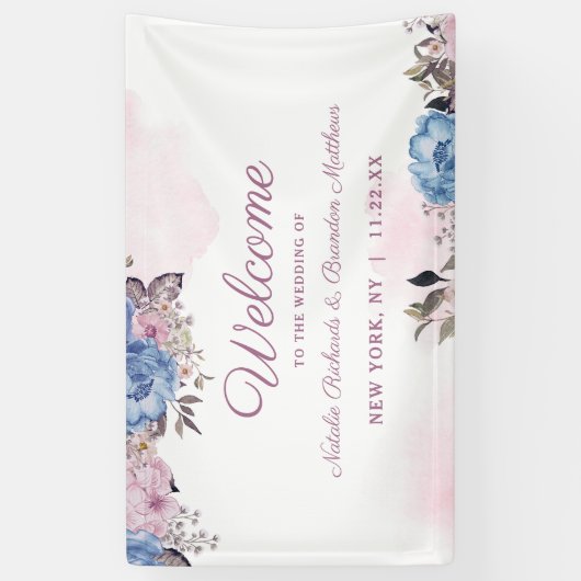 Parijse Charm Blauw & Roze Bloemen Bruiloft Welkom Spandoek (Verticaal)