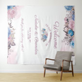 Parijse Charm Blauw & Roze Bloemen Bruiloft Welkom Wandkleed (In Situ (horizontaal))