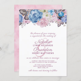 Parijse Charm Blauw & Roze Bloemen Chique Bruiloft Kaart