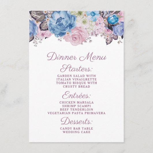 Parijse Charm Blauw & Roze Bloemen Chique Diner Menu (Voorkant)