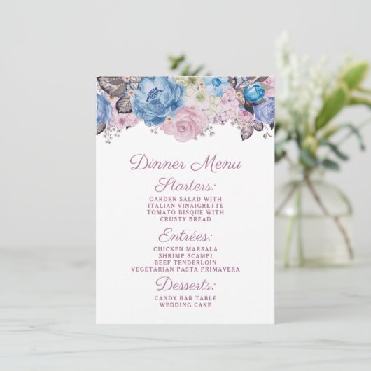 Parijse Charm Blauw & Roze Bloemen Chique Diner Menu (Staand voorkant)