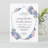 Parijse Charm Blauw & Roze Bloemen Crest Bruiloft Kaart (Staand voorkant)