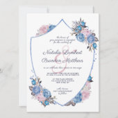 Parijse Charm Blauw & Roze Bloemen Crest Bruiloft Kaart (Voorkant)