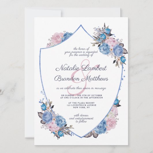 Parijse Charm Blauw & Roze Bloemen Crest Bruiloft Kaart (Voorkant)