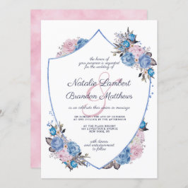 Parijse Charm Blauw & Roze Bloemen Crest Bruiloft Kaart