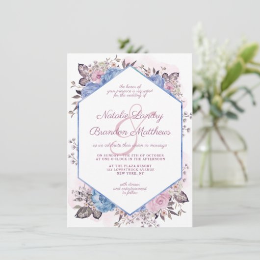 Parijse Charm Blauw & Roze Bloemen Hexagon Bruilof Kaart (Staand voorkant)