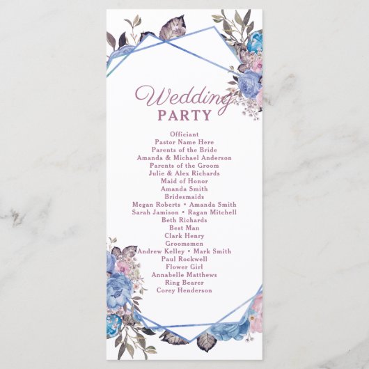 Parijse Charm Blauw & Roze Bloemen Huwelijksceremo Programmakaart (Achterkant)