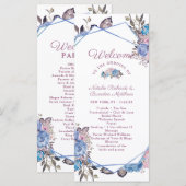 Parijse Charm Blauw & Roze Bloemen Huwelijksceremo Programmakaart (Voorkant / Achterkant)