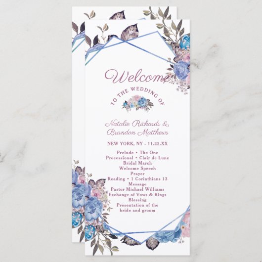Parijse Charm Blauw & Roze Bloemen Huwelijksceremo Programmakaart (Voorkant / Achterkant)