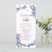 Parijse Charm Blauw & Roze Bloemen Huwelijksceremo Programmakaart (Staand voorkant)