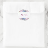 Parijse Charm Blauw & Roze Bloemen Monogram Bruilo Ronde Sticker (Tas)