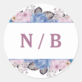 Parijse Charm Blauw & Roze Bloemen Monogram Bruilo Ronde Sticker