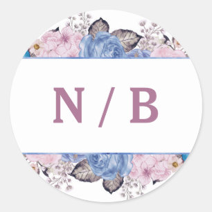 Parijse Charm Blauw & Roze Bloemen Monogram Bruilo Ronde Sticker