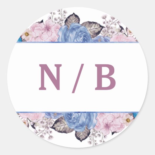 Parijse Charm Blauw & Roze Bloemen Monogram Bruilo Ronde Sticker (Voorkant)