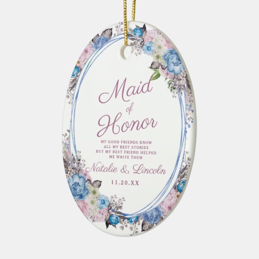 Parijse Charm Blauw & Roze Maid of Honor Quote Keramisch Ornament (Links)