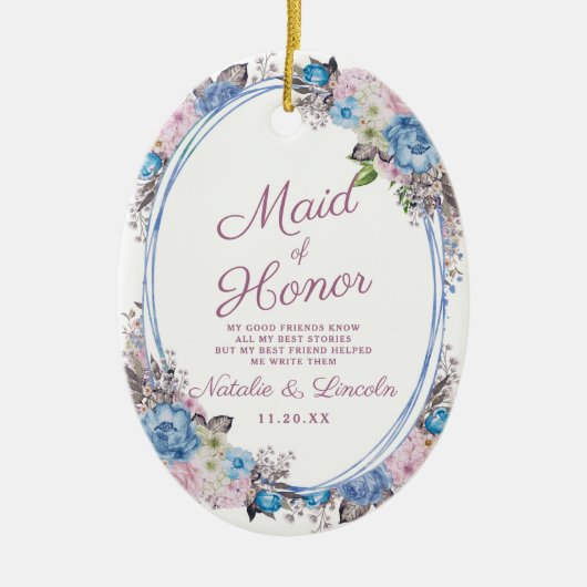 Parijse Charm Blauw & Roze Maid of Honor Quote Keramisch Ornament (Voorkant)