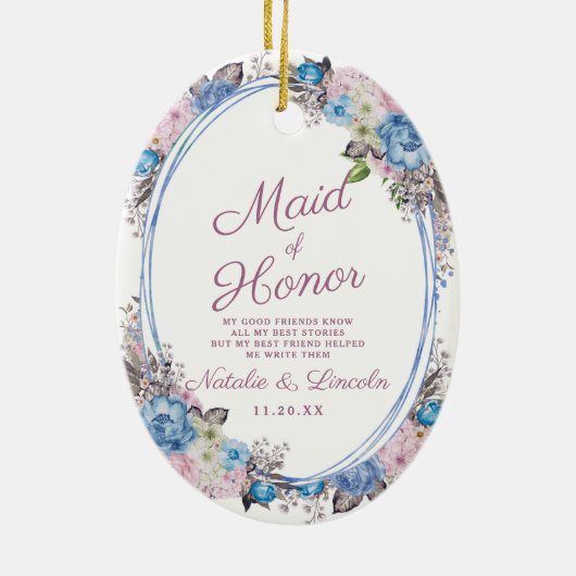 Parijse Charm Blauw & Roze Maid of Honor Quote Keramisch Ornament (Achterkant)