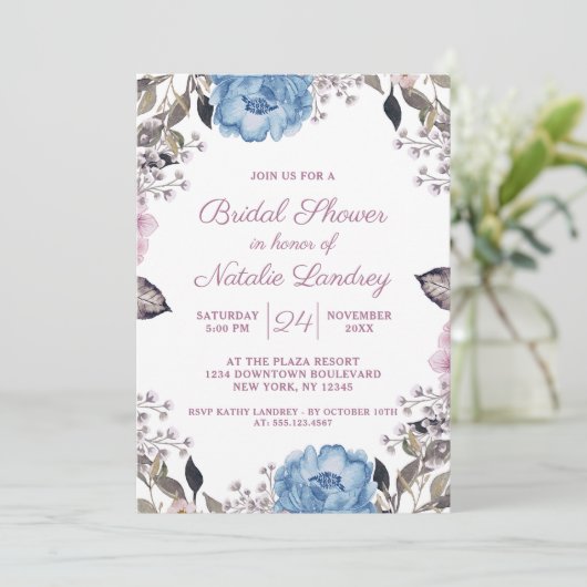 Parijse Charme Blauw Bloemig Bruids Bruiloft Feest Kaart (Staand voorkant)