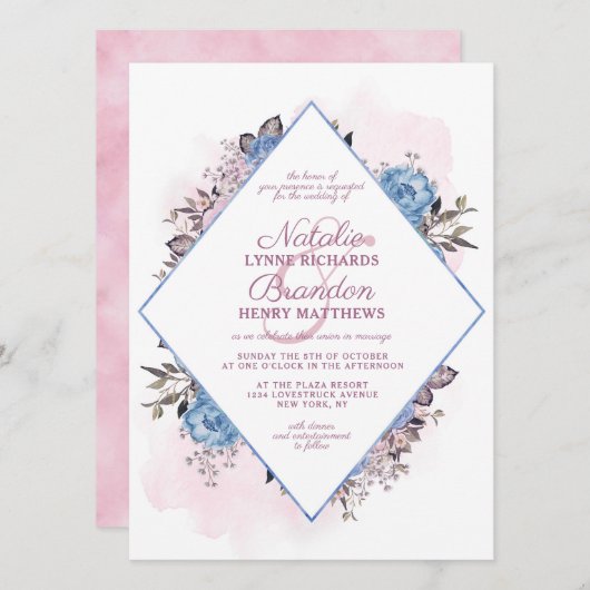 Parijse charme blauw & roze diamant Lijst bruiloft Kaart (Voorkant / Achterkant)